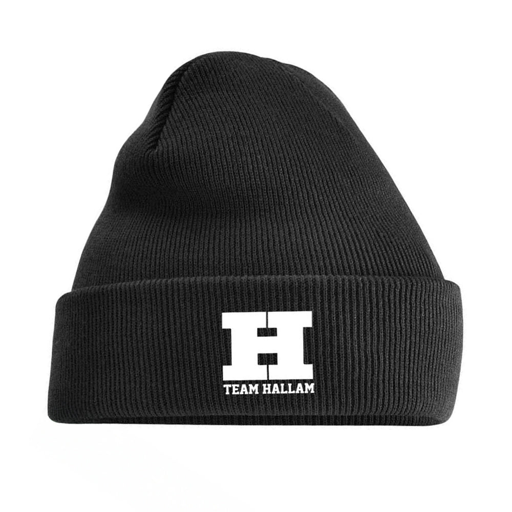 Black beanie embroidered with 'H' logo and 'Team Hallam' text.