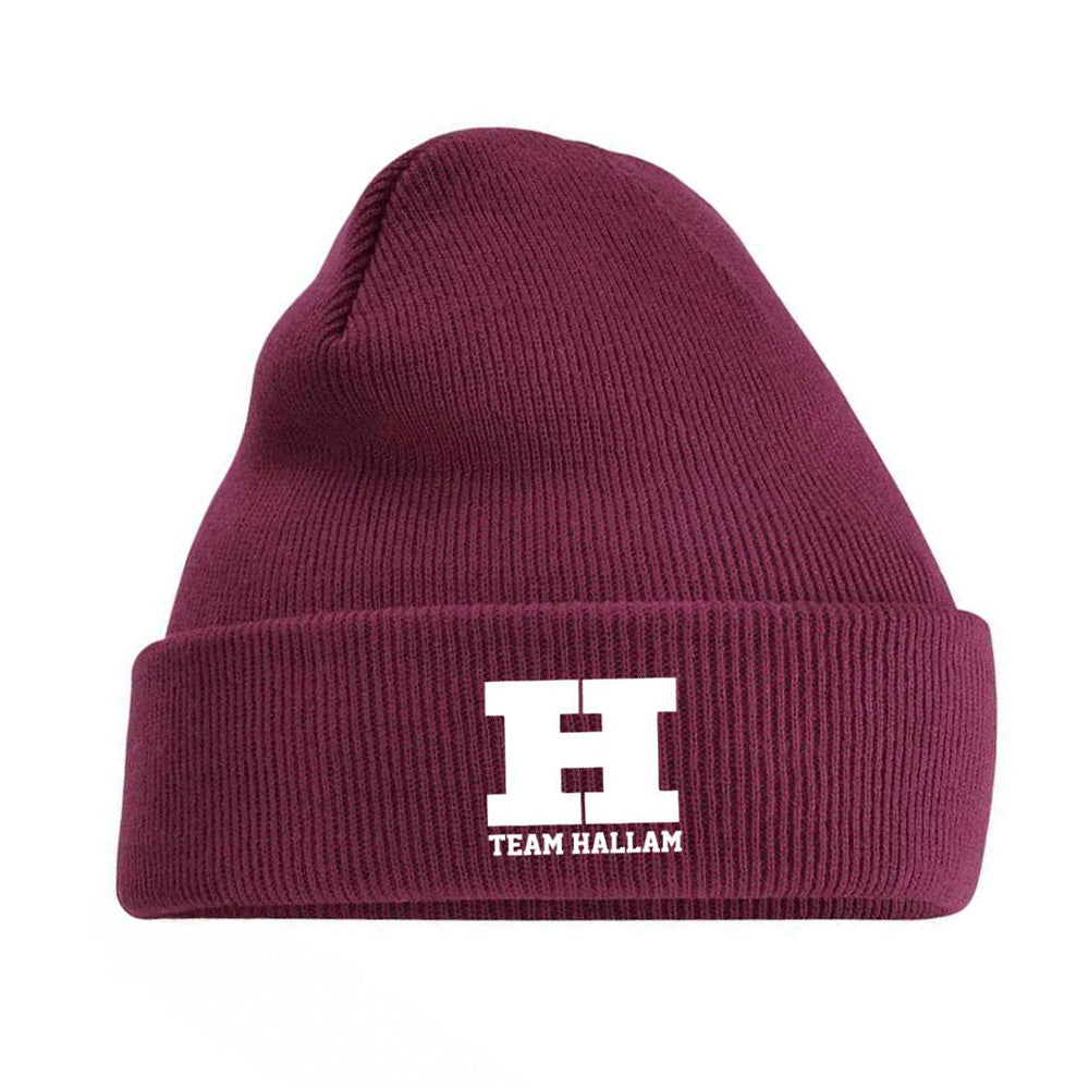 Maroon beanie embroidered with 'H' logo and 'Team Hallam' text.