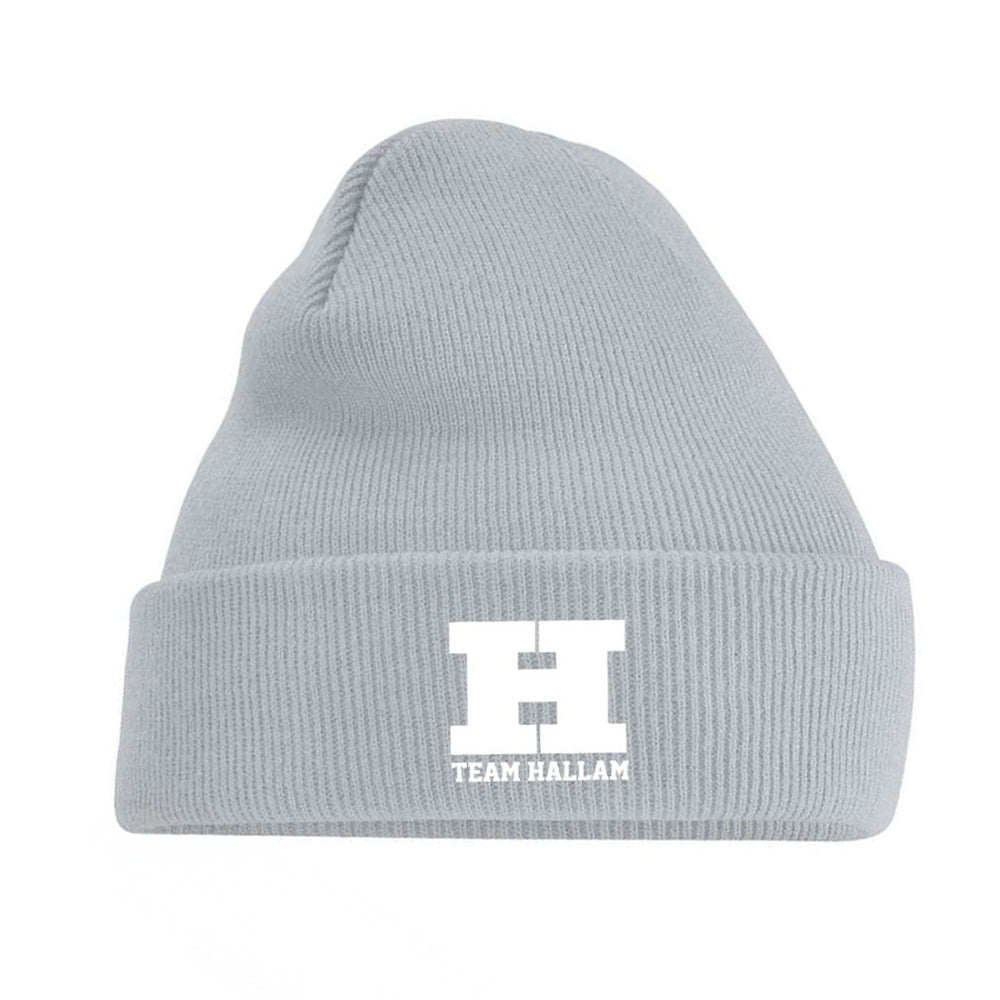 Grey beanie embroidered with 'H' logo and 'Team Hallam' text.