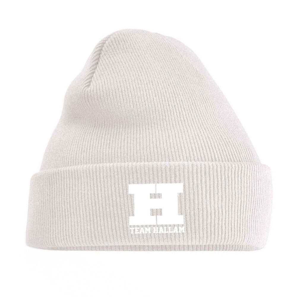 Beige beanie embroidered with 'H' logo and 'Team Hallam' text.