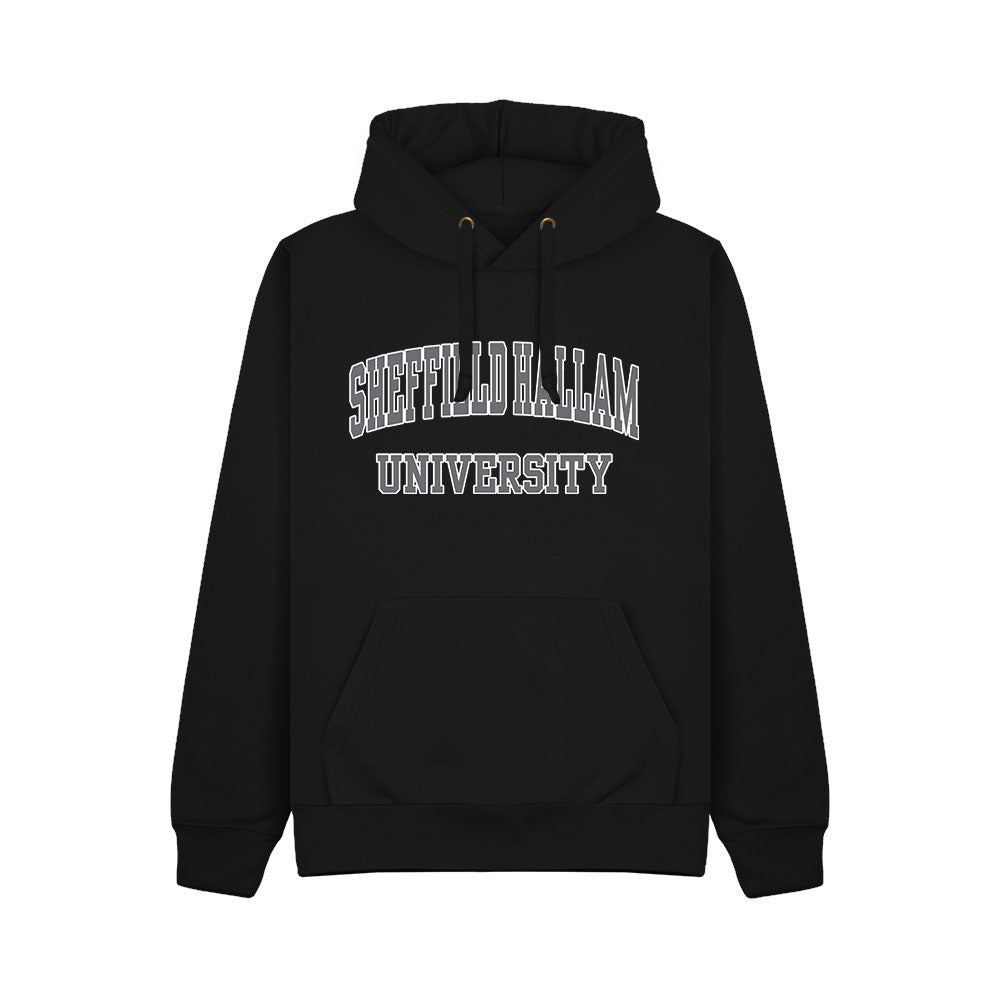 Black hoodie with 'Sheffield Hallam University' logo in Grey print with a White outline.