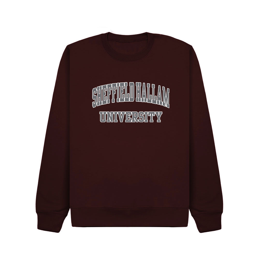 Maroon sweatshirt with 'Sheffield Hallam University' print in Grey with a White outline.