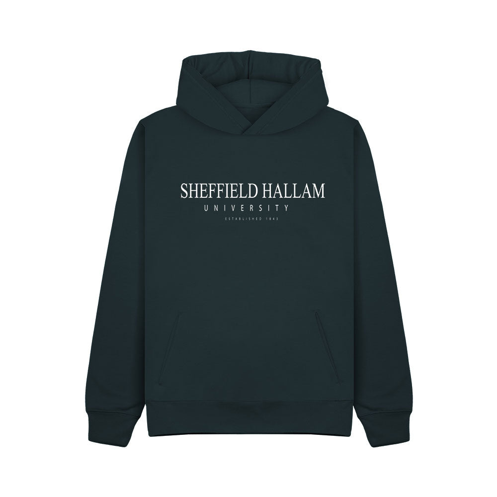Deep Sea Blue Hoodie, 'Sheffield Hallam University, Established 1843 logo in White embroidery.