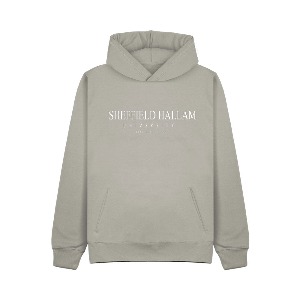 Grey Hoodie with 'Sheffield Hallam University' Established 1843 Logo in White embroidery.