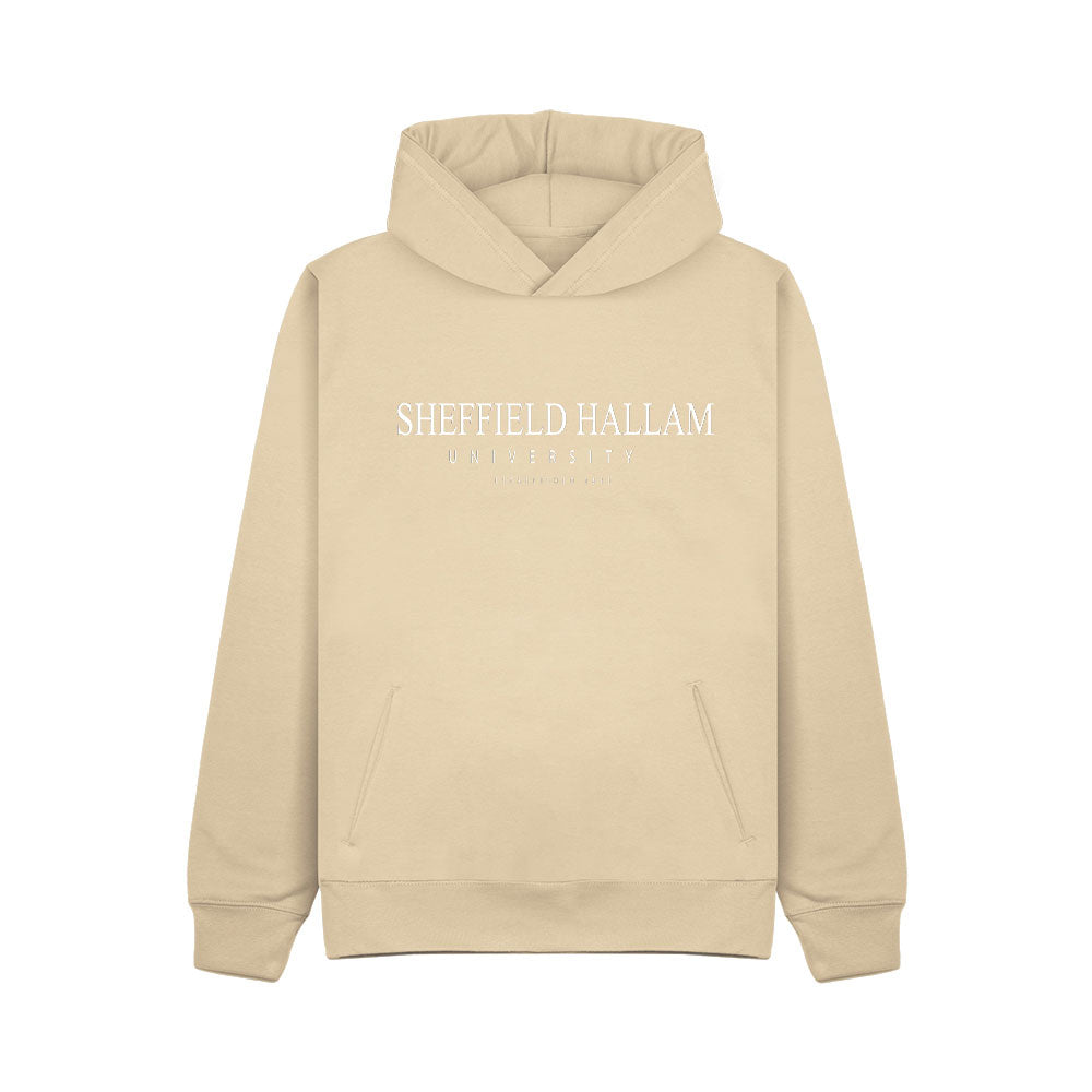 Ivory Colour Hoodie with 'Sheffield Hallam University' Established 1843 Logo in White embroidery.
