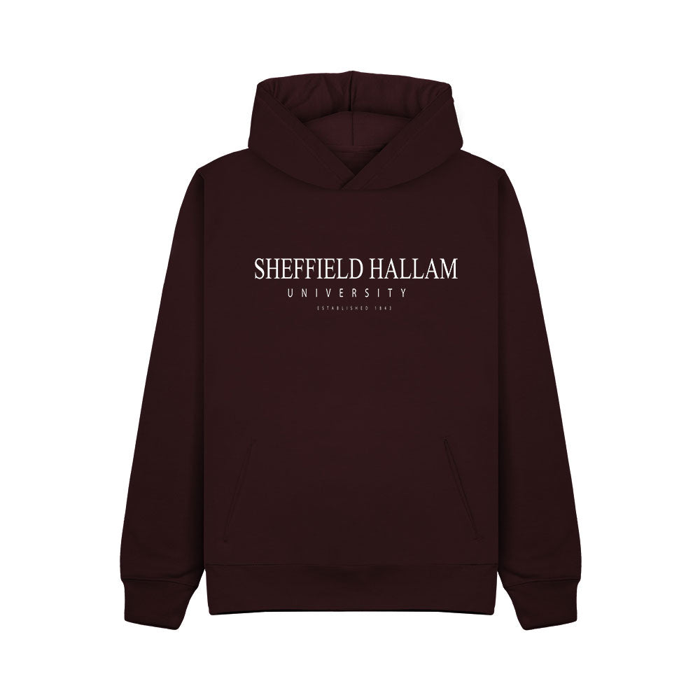 Maroon Hoodie with 'Sheffield Hallam University' Established 1843 Logo in White embroidery.