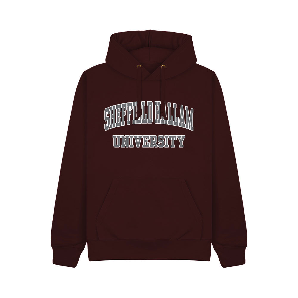 Maroon hoodie with 'Sheffield Hallam University' logo in a Grey Print with a white outline. 