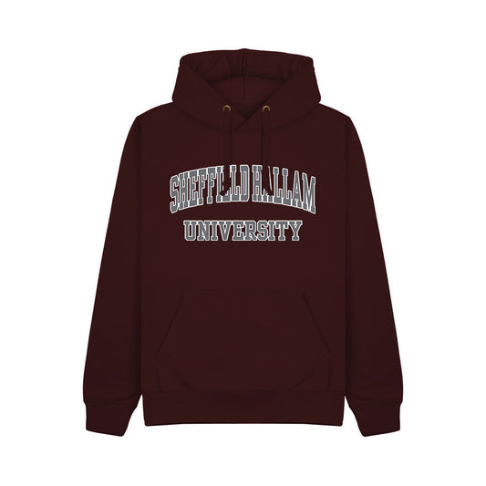 Maroon hoodie with 'Sheffield Hallam University' logo in a Grey Print with a white outline. 