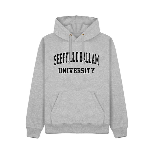 Grey hoodie with 'Sheffield Hallam University' logo with a Black print and White outline 