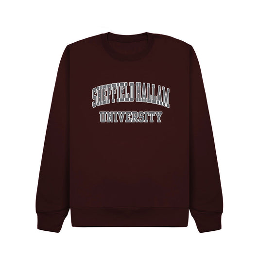 Maroon sweatshirt with 'Sheffield Hallam University' print in Grey with a White outline. 