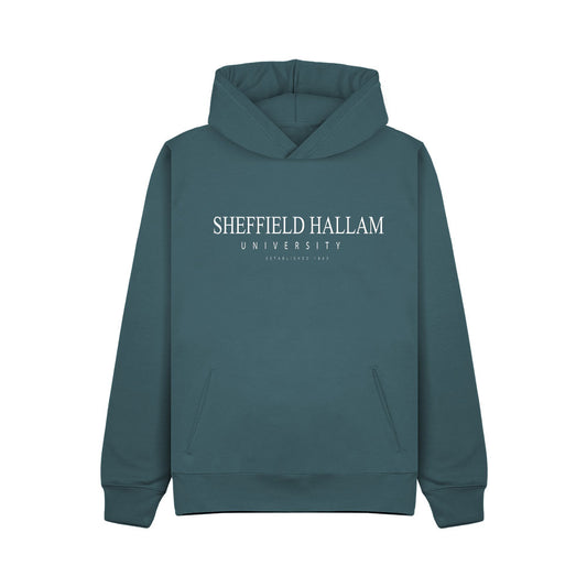Ocean Blue Hoodie with 'Sheffield Hallam University' Established 1843 Logo in White embroidery.