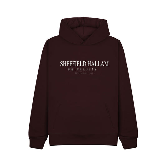 Maroon Hoodie with 'Sheffield Hallam University' Established 1843 Logo in White embroidery.